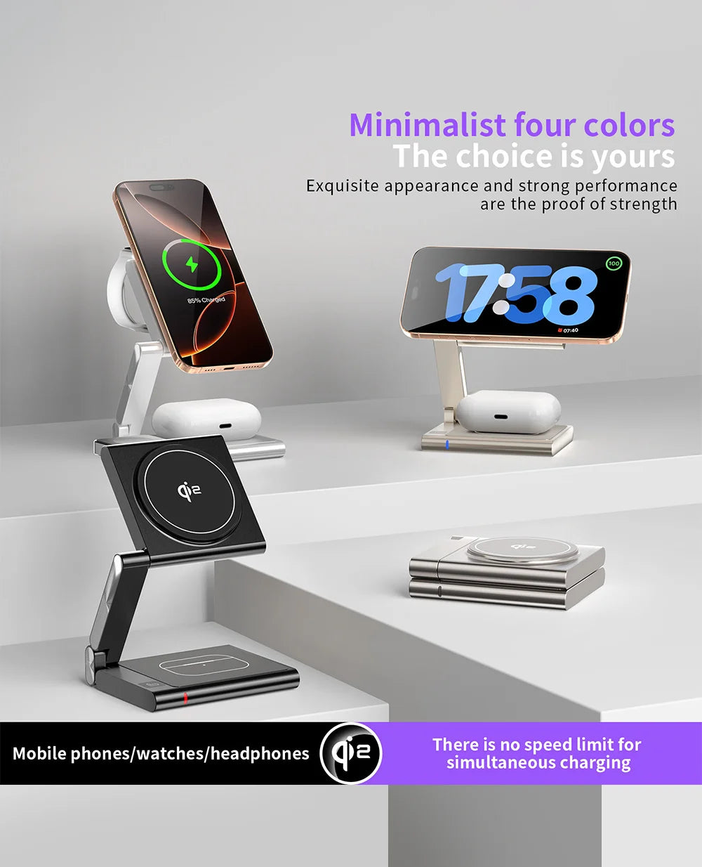 4-In-1Foldable Qi2-Certified Magsafe-Compatible Wireless Charger ( Titanium Black )