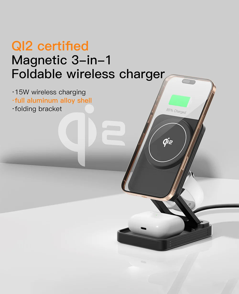 3-In-1Foldable Qi2-Certified Magsafe-Compatible Wireless Charger ( Titanium Grey )