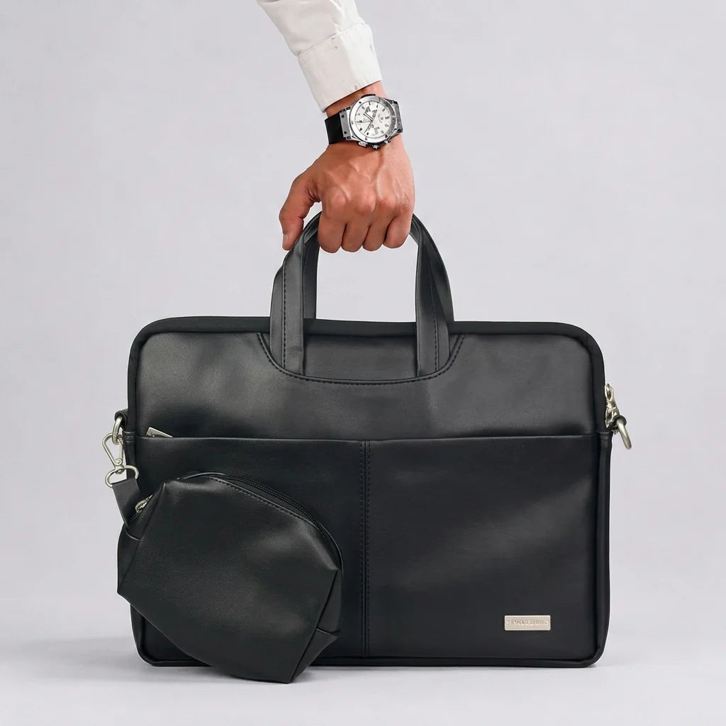 Spacething Helios Leather Laptop Bag With Free Tech Organiser Pouch | 15-16" Inches - Black