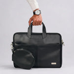 Spacething Helios Leather Laptop Bag With Free Tech Organiser Pouch | 15-16" Inches - Black