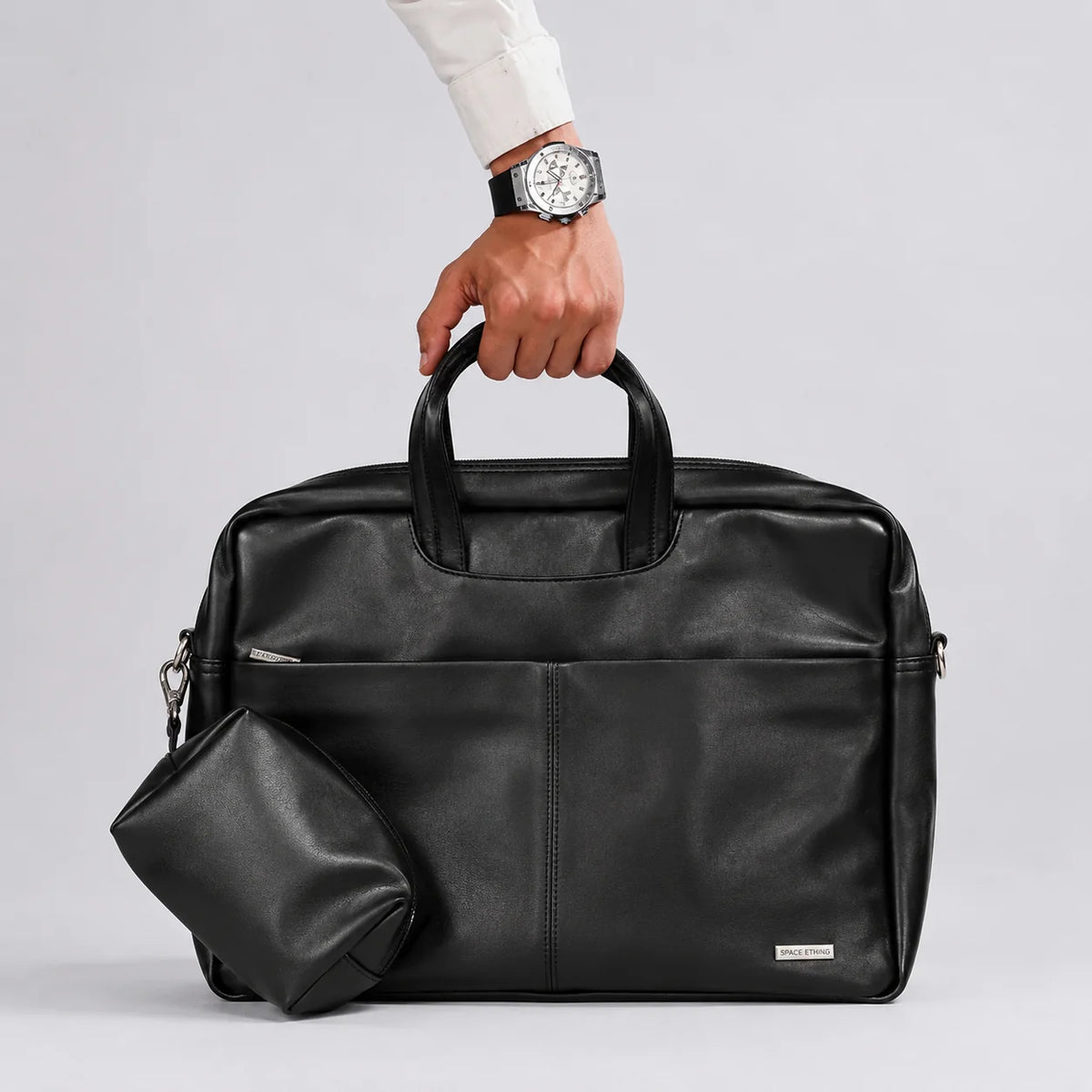 Spacething Helios Leather Laptop Bag With Free Tech Organiser Pouch | 15-16" Inches - Black