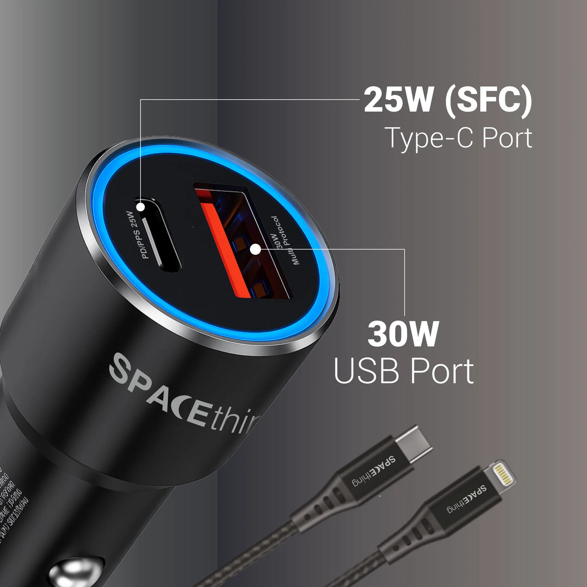 Spacething Speedo Car Charger 55W (with USB-C to Lightning Cable) Colour - Black