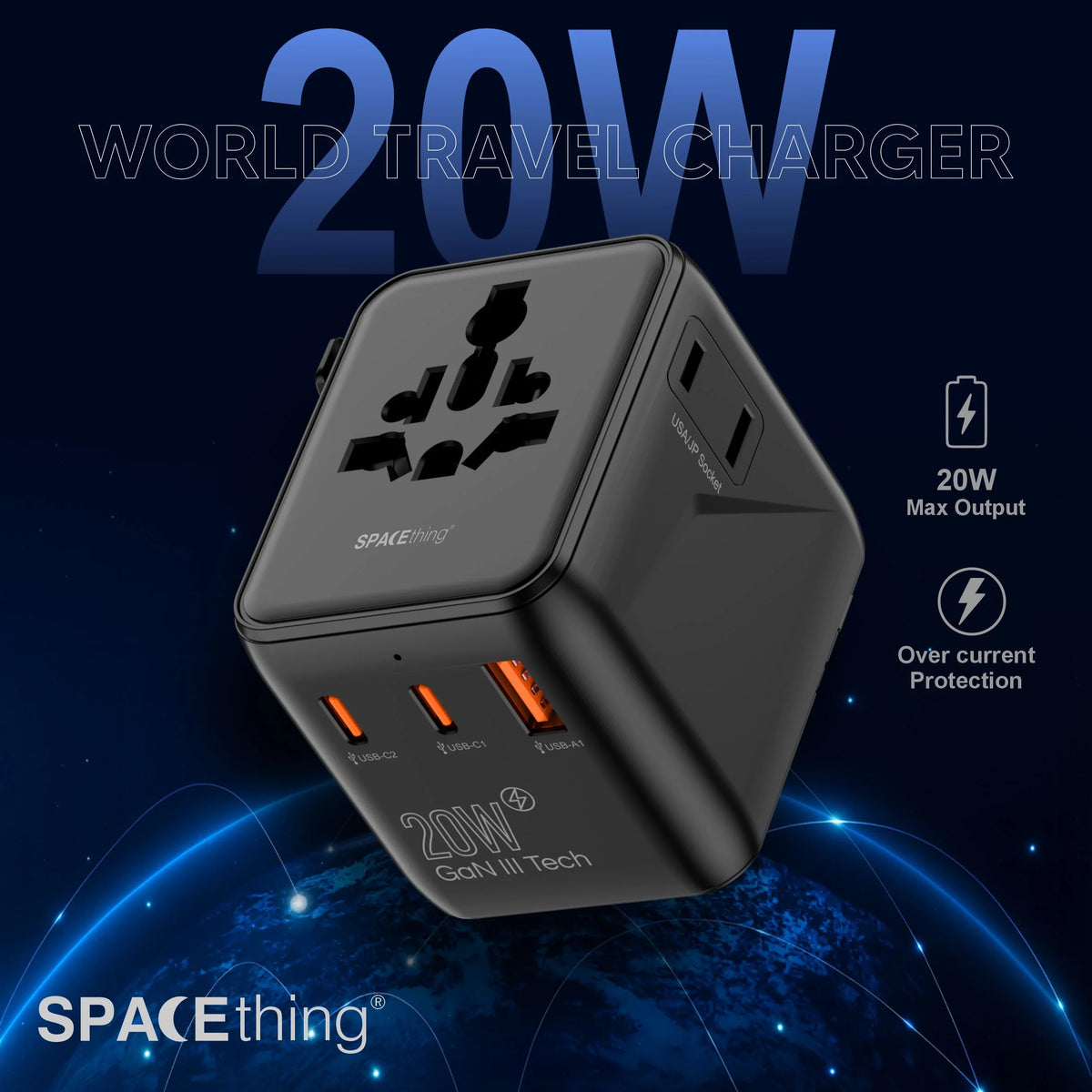 Spacething 20W GaN World Travel Adapter UK, EU, US, AUS