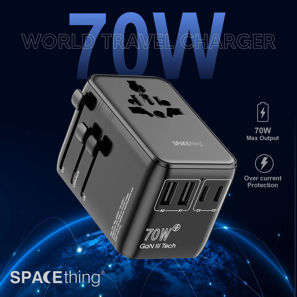 Spacething 70W GaN World Travel Adapter UK, EU, US, AUS