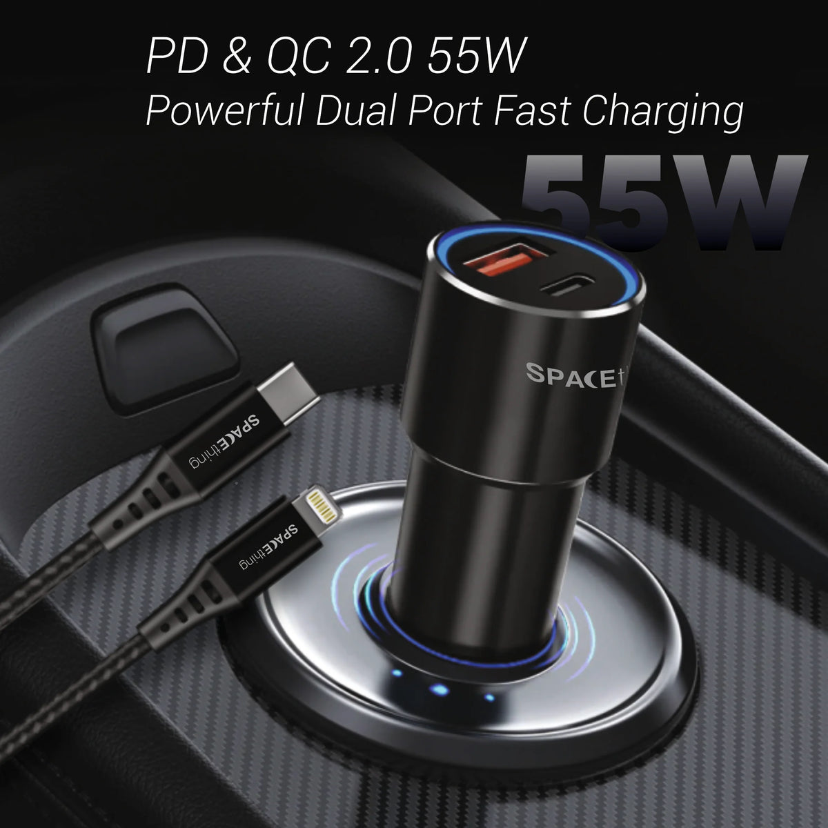 Spacething Speedo Car Charger 55W (with USB-C to Lightning Cable) Colour - Black