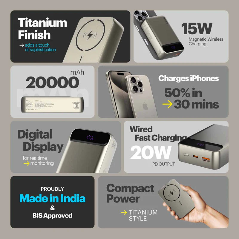 Click 20000mAh Magnetic Wireless Powerbank with Natural Titanium