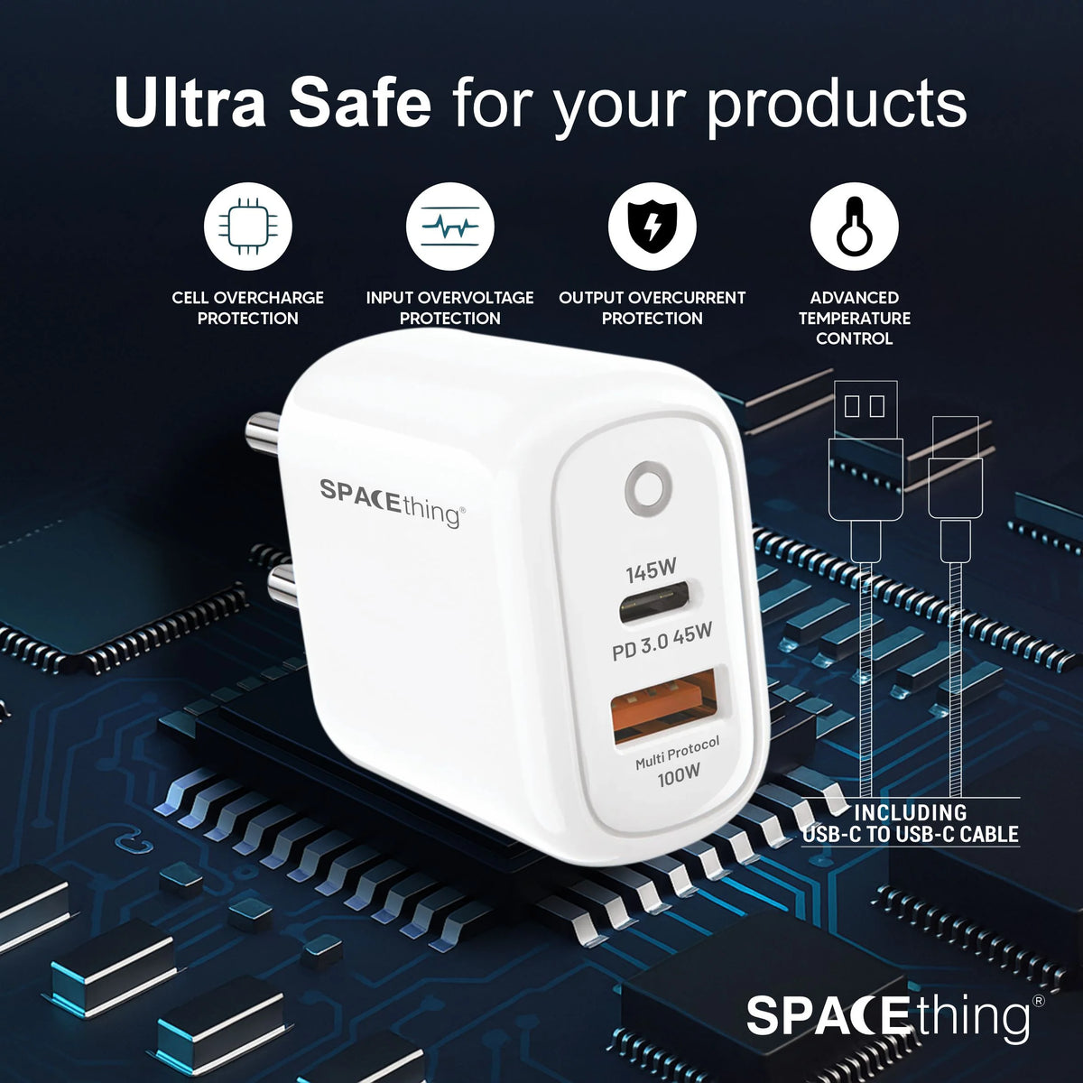 Spacething Rapid 145 Wall Charger – 145W Dual USB to C Cables Colour - White