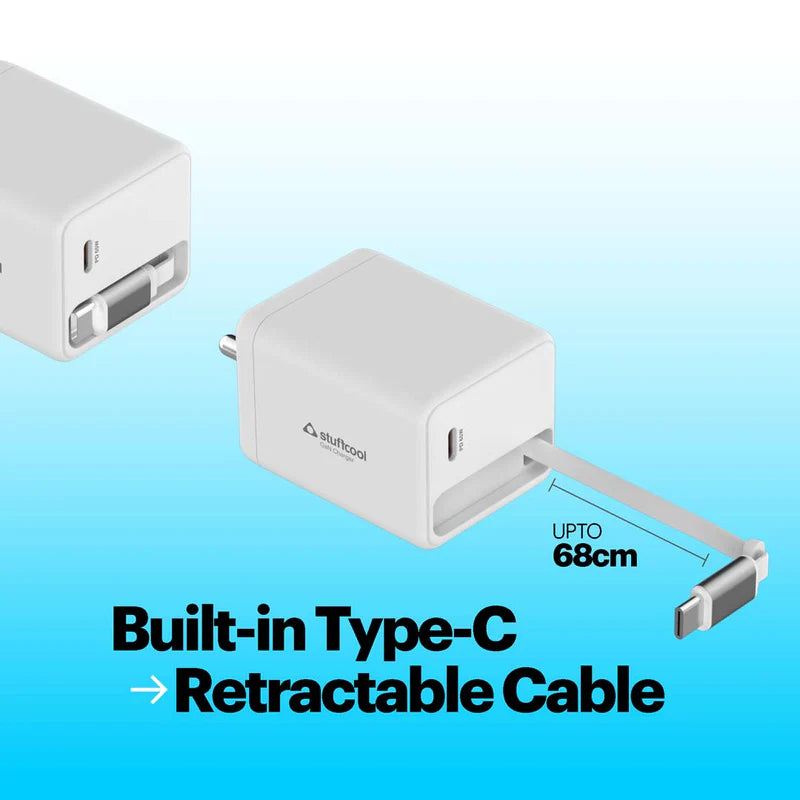 Zeno 65W GaN Wall Charger with USB-C Port & Built-in Retractable Type-C Cable