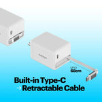 Zeno 65W GaN Wall Charger with USB-C Port & Built-in Retractable Type-C Cable