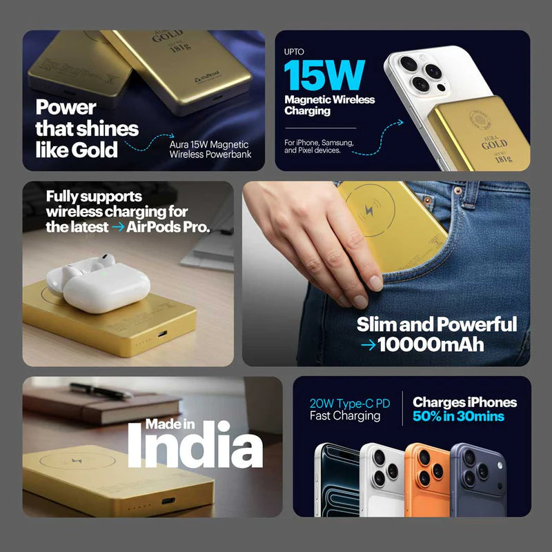 Aura 10000mAh 15W Magnetic Wireless Powerbank with Gold Finish