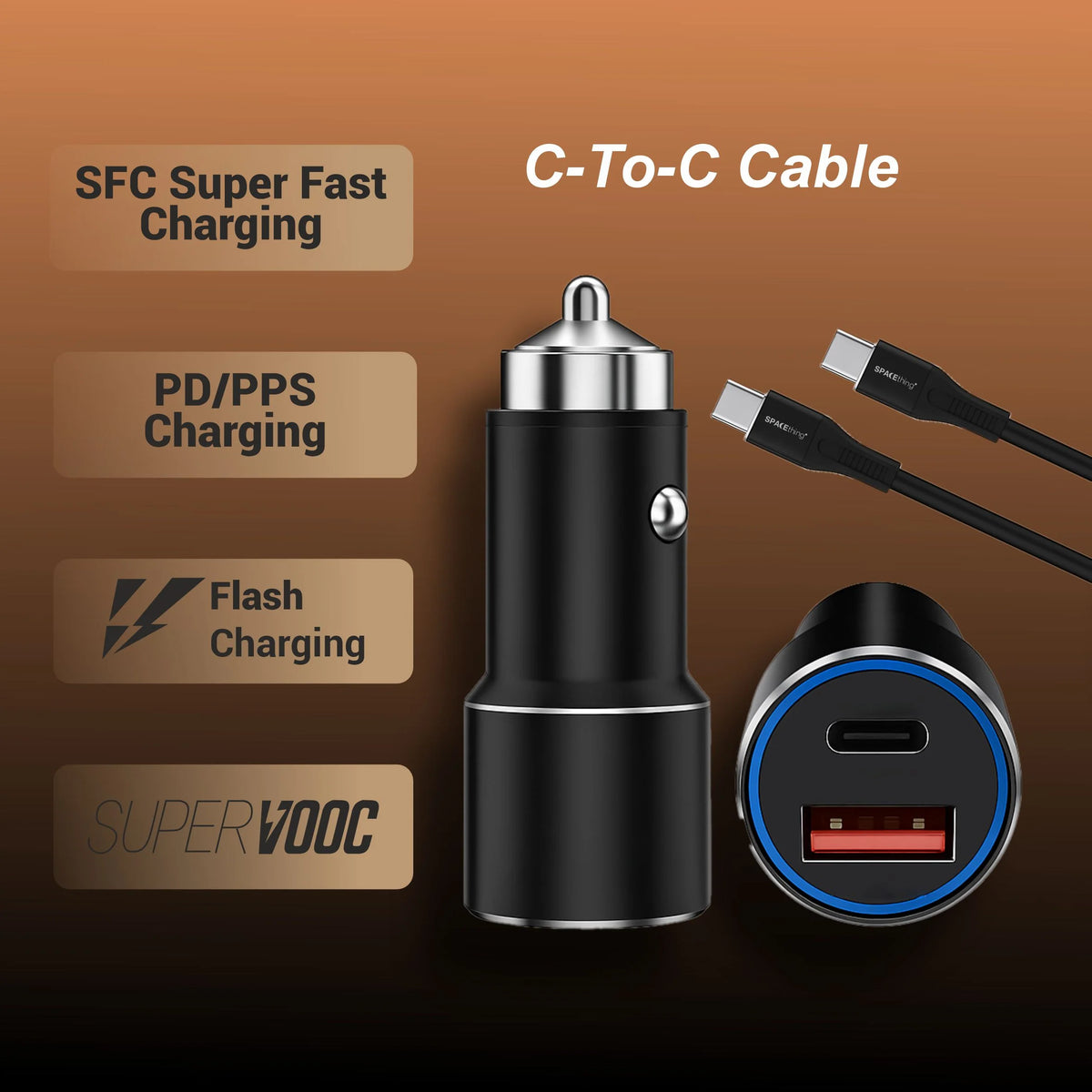 Spacething Speedo Car Charger 55W (with USB-C to USB-C Cable) Colour - Black