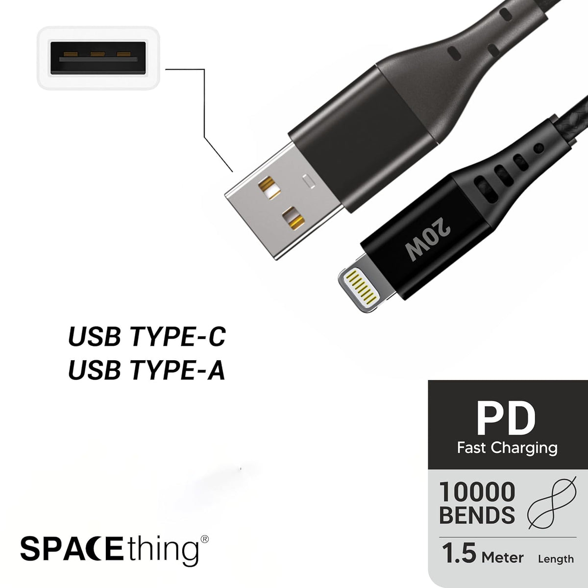 Spacething Flow 2 IN 1 Cable C TO C & C TO L 1.5 Mtr - Black