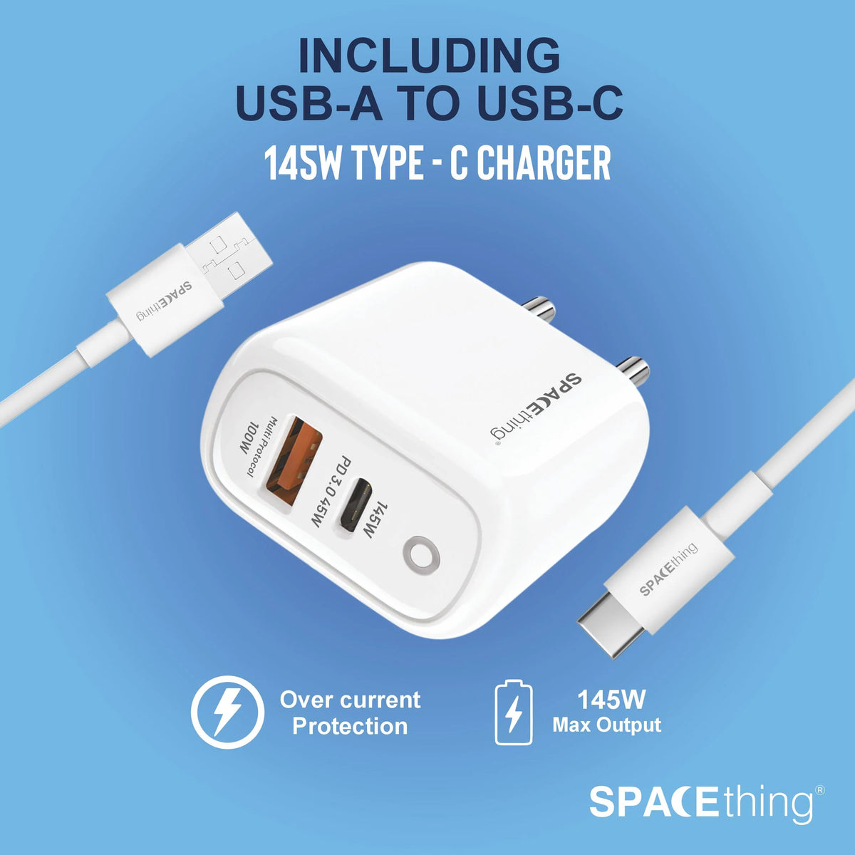 Spacething Rapid 145 Wall Charger – 145W Dual USB to C Cables Colour - White