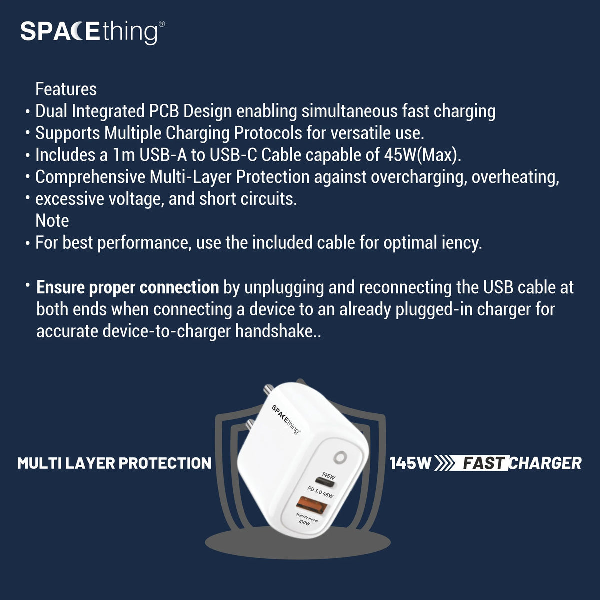 Spacething Rapid 145 Wall Charger – 145W Dual USB to C Cables Colour - White