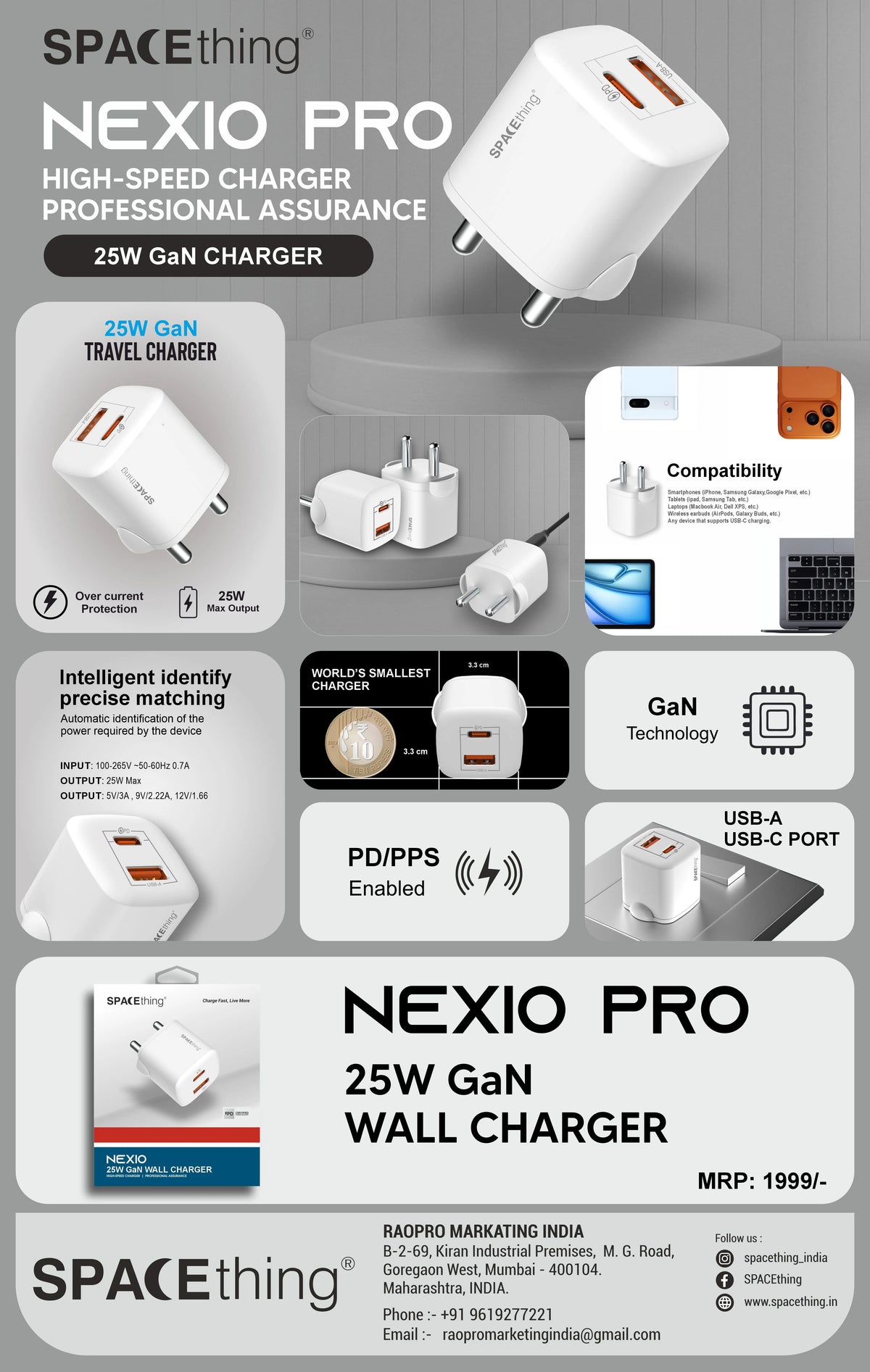 Spacething Nexio 25W GAN Dual Port Wall Charger ( 1C+1A ) - White