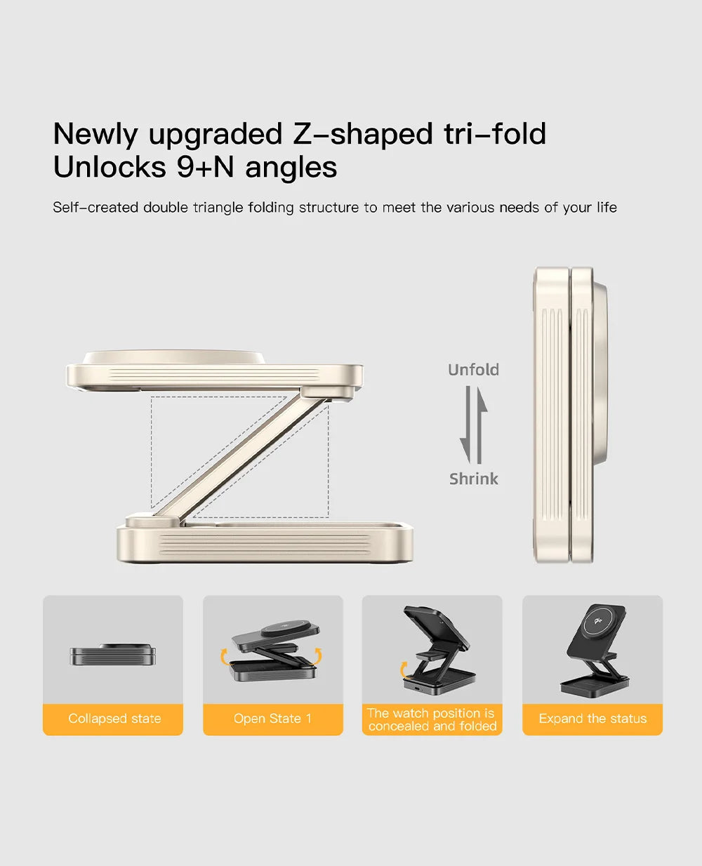 3-In-1Foldable Qi2-Certified Magsafe-Compatible Wireless Charger ( Titanium Grey )