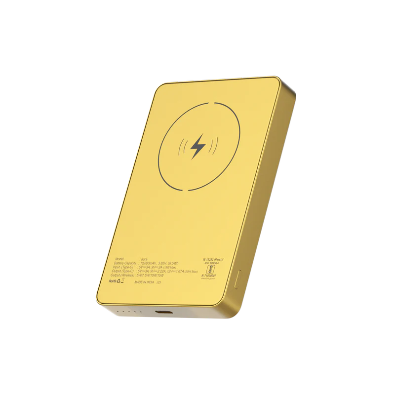 Aura 10000mAh 15W Magnetic Wireless Powerbank with Gold Finish