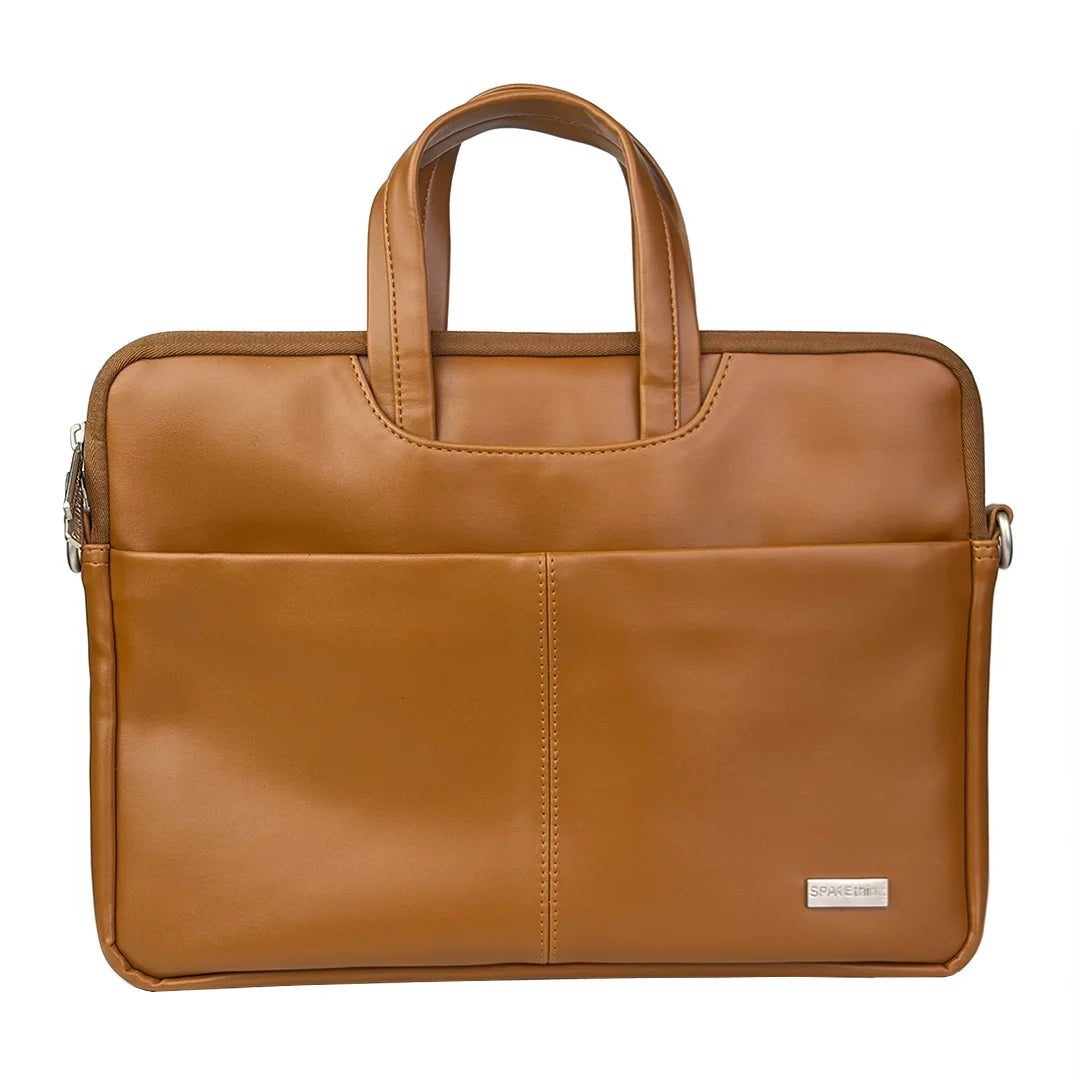 Spacething Helios Leather Laptop Bag With Free Tech Organiser Pouch | 13-14" Inches - Tan Brown