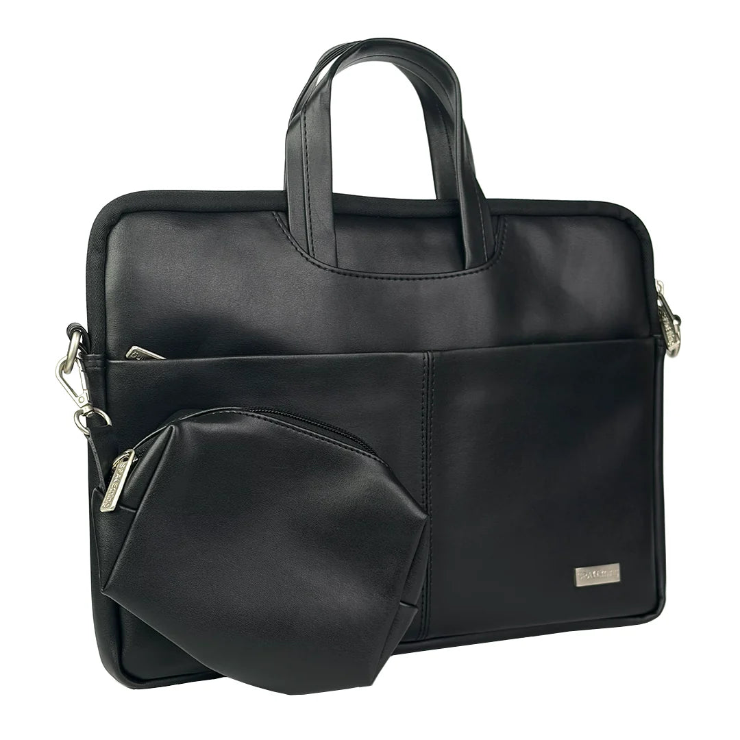 Spacething Helios Leather Laptop Bag With Free Tech Organiser Pouch | 15-16" Inches - Black