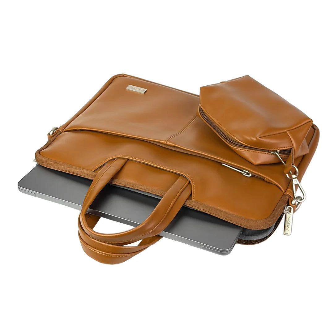 Spacething Helios Leather Laptop Bag With Free Tech Organiser Pouch | 13-14" Inches - Tan Brown
