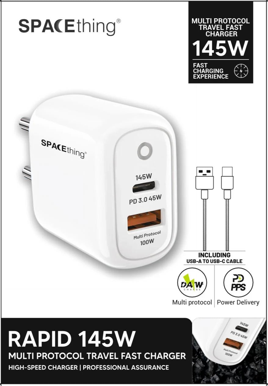 Spacething Rapid 145 Wall Charger – 145W Dual USB to C Cables Colour - White