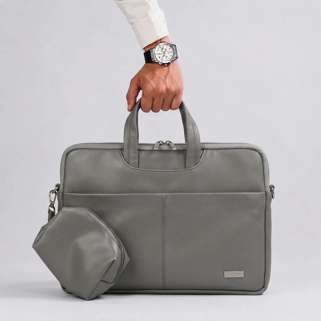 Spacething Helios Leather Laptop Bag With Free Tech Organiser Pouch | 13-14" Inches - Grey