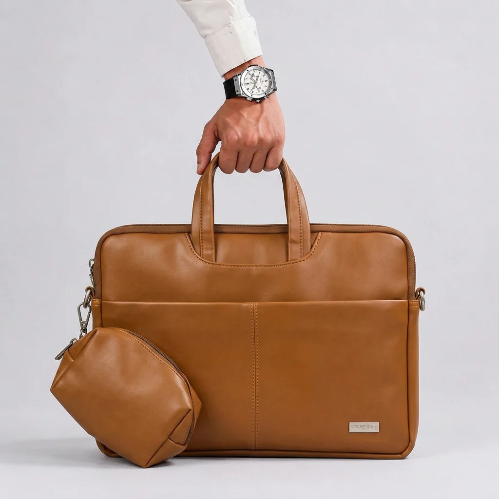 Spacething Helios Leather Laptop Bag With Free Tech Organiser Pouch | 13-14" Inches - Tan Brown