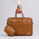 Spacething Helios Leather Laptop Bag With Free Tech Organiser Pouch | 13-14" Inches - Tan Brown