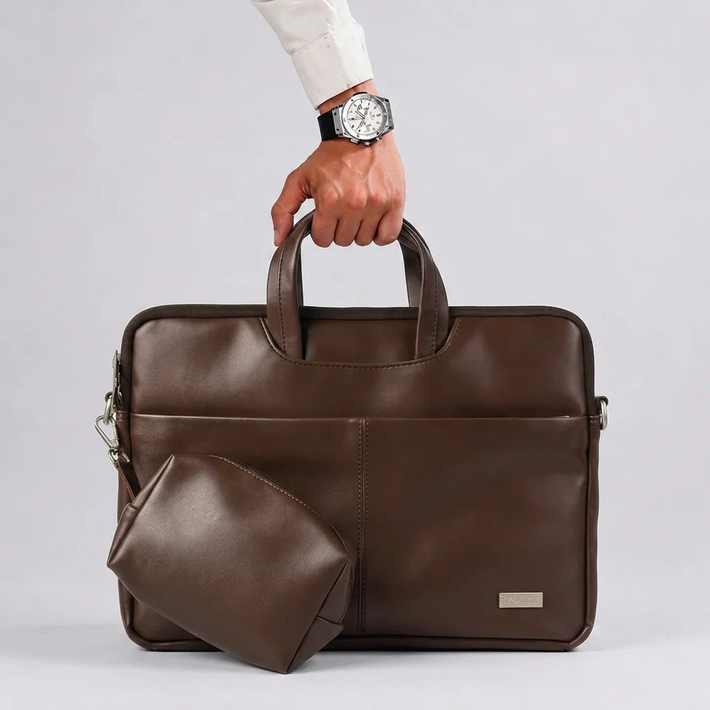 Spacething Helios Leather Laptop Bag With Free Tech Organiser Pouch | 13-14" Inches - Brown