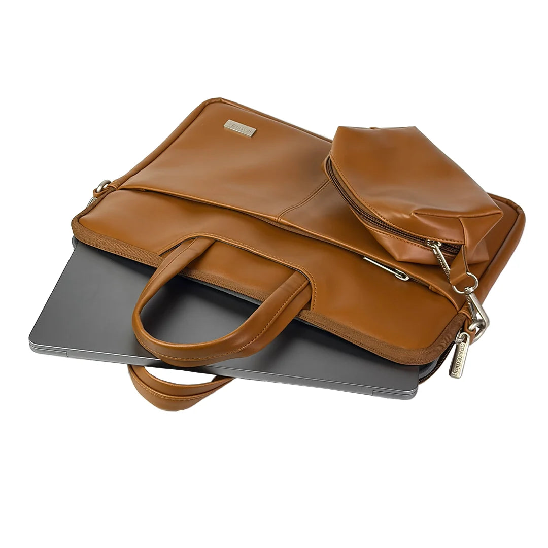 Spacething Helios Leather Laptop Bag With Free Tech Organiser Pouch | 13-14" Inches - Tan Brown