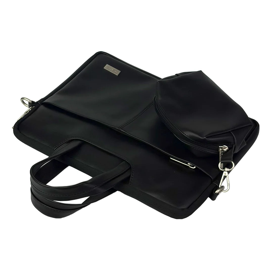Spacething Helios Leather Laptop Bag With Free Tech Organiser Pouch | 15-16" Inches - Black