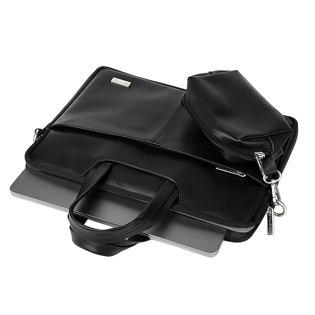 Spacething Helios Leather Laptop Bag With Free Tech Organiser Pouch | 15-16" Inches - Black