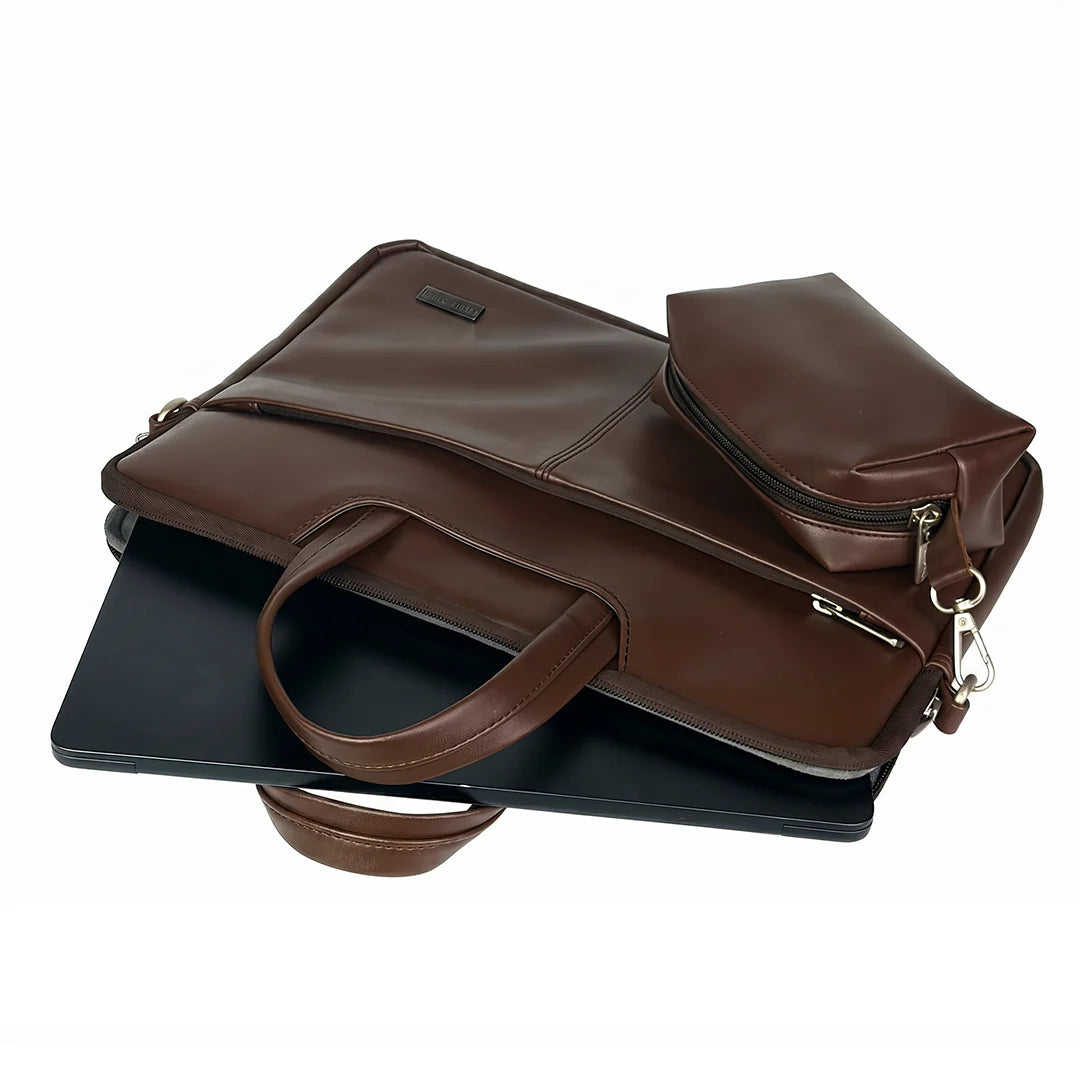 Spacething Helios Leather Laptop Bag With Free Tech Organiser Pouch | 13-14" Inches - Brown