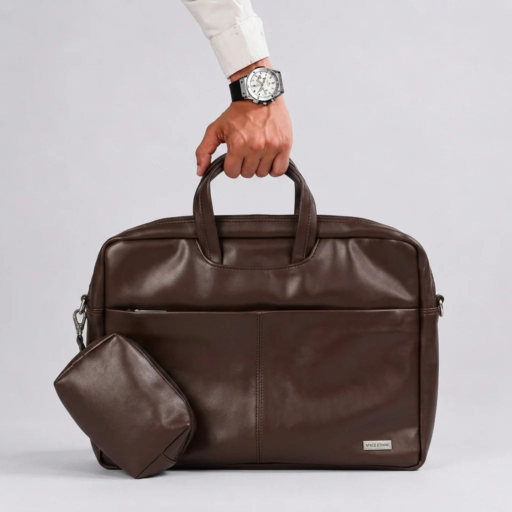 Spacething Helios Leather Laptop Bag With Free Tech Organiser Pouch | 13-14" Inches - Brown