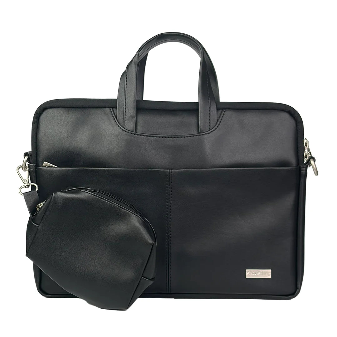 Spacething Helios Leather Laptop Bag With Free Tech Organiser Pouch | 15-16" Inches - Black