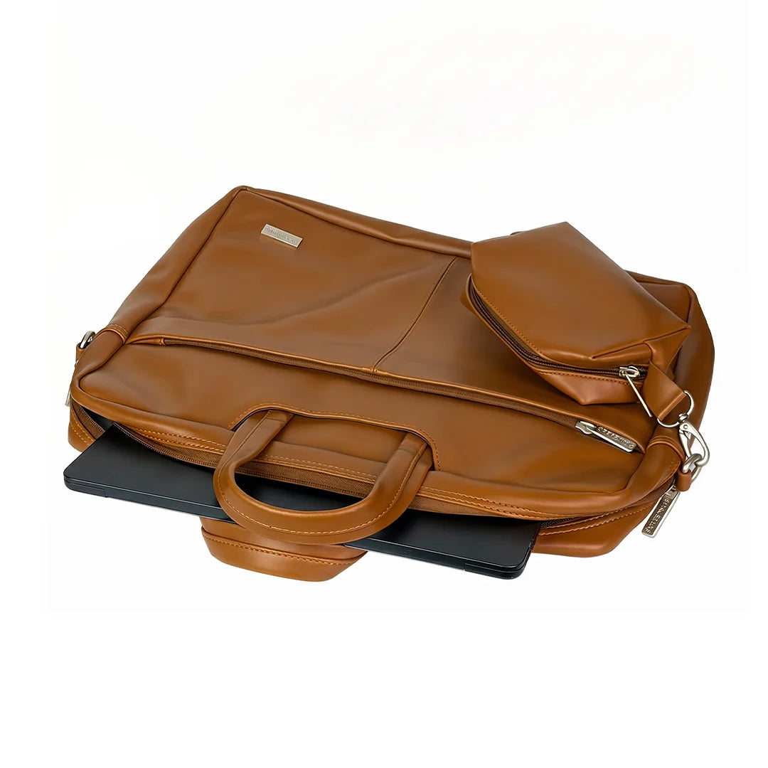 Spacething Helios Leather Laptop Bag With Free Tech Organiser Pouch | 13-14" Inches - Tan Brown
