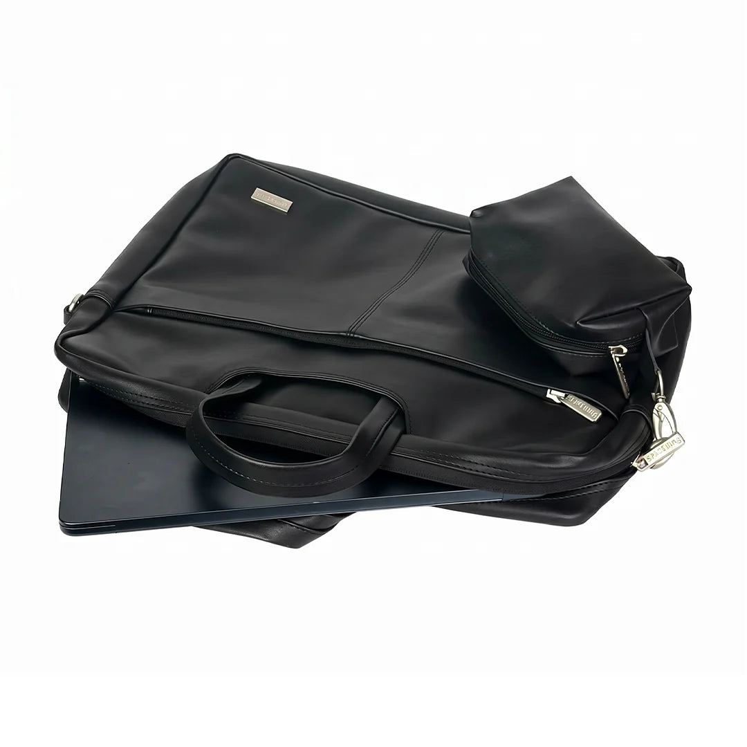 Spacething Helios Leather Laptop Bag With Free Tech Organiser Pouch | 15-16" Inches - Black