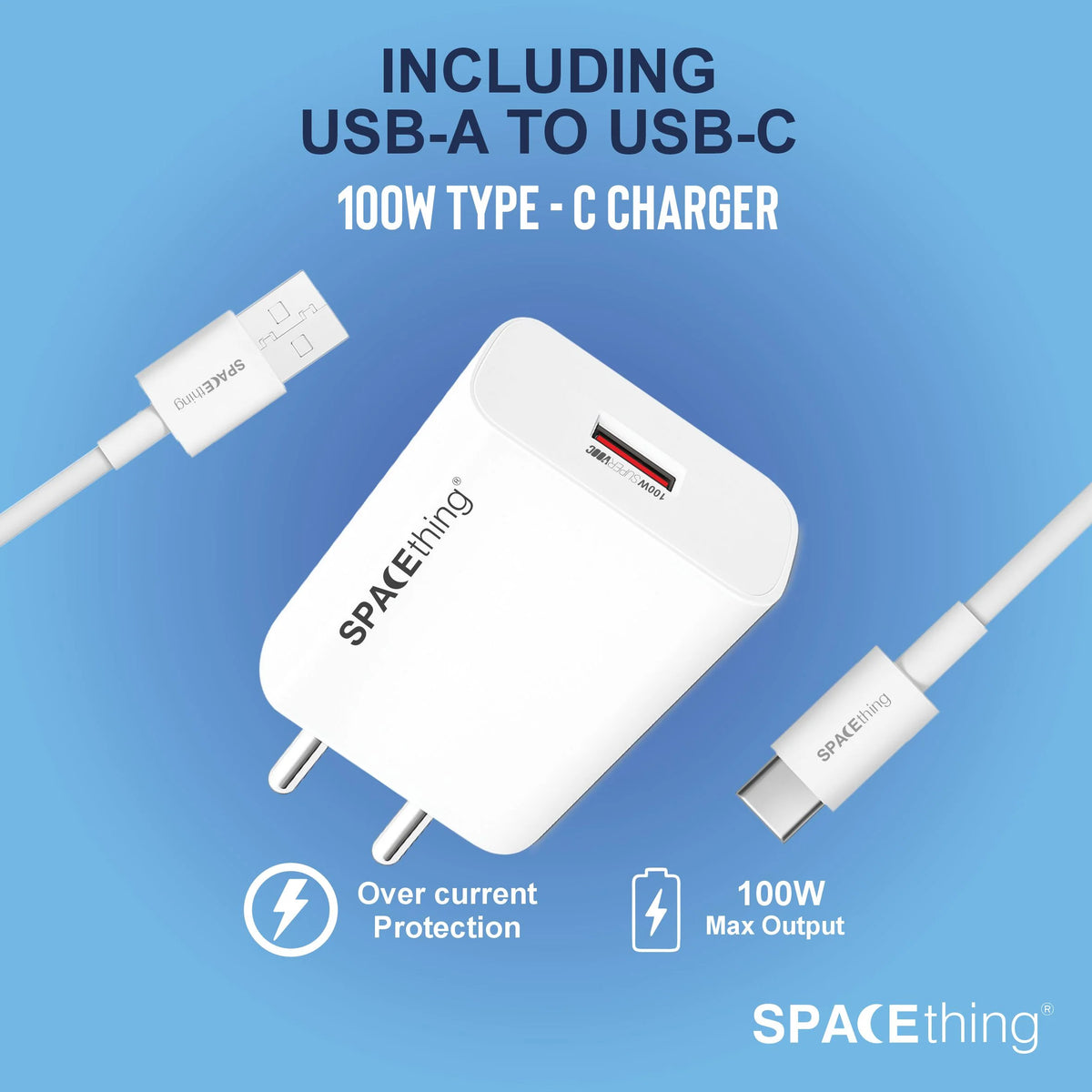 Spacething Rapid 100W SuperVOOC Fast Charger with USB to C Cable - White