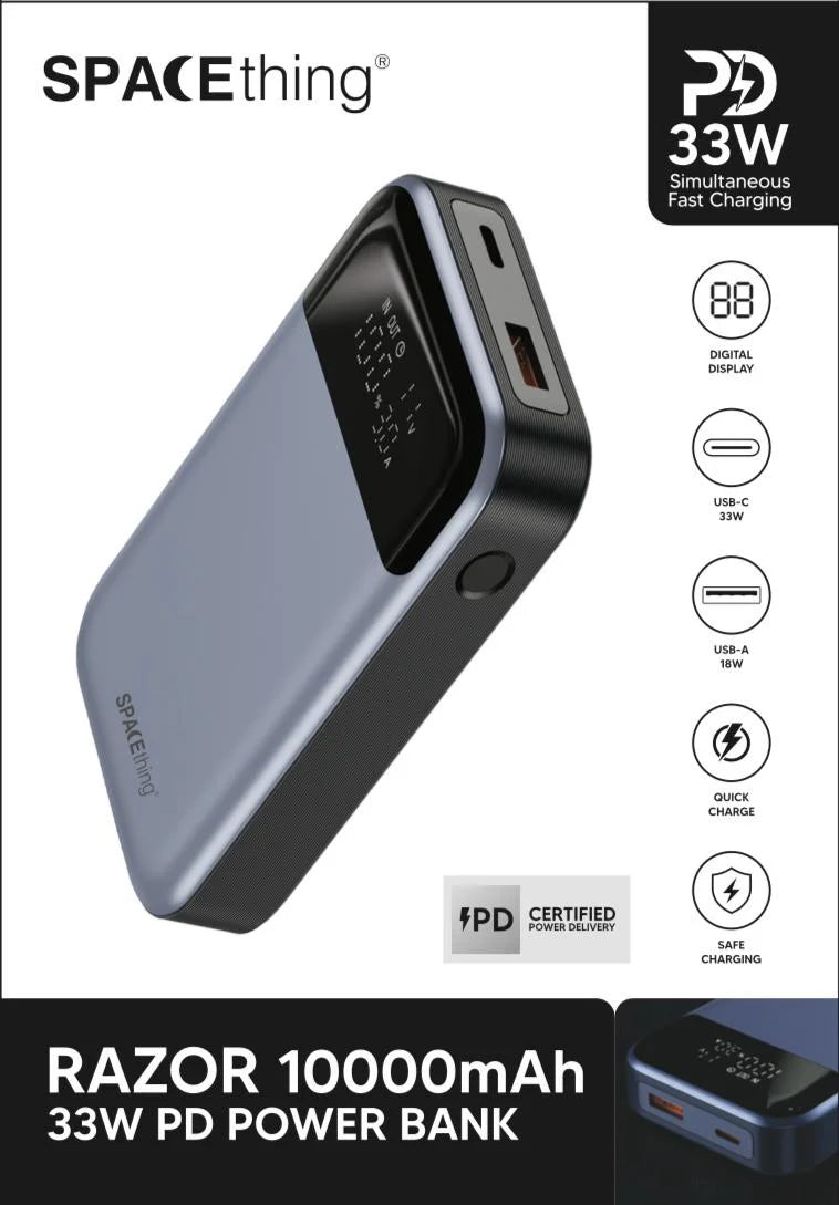 Spacething Razor 10000MAH PD/PPS 33W Power Bank- Grey