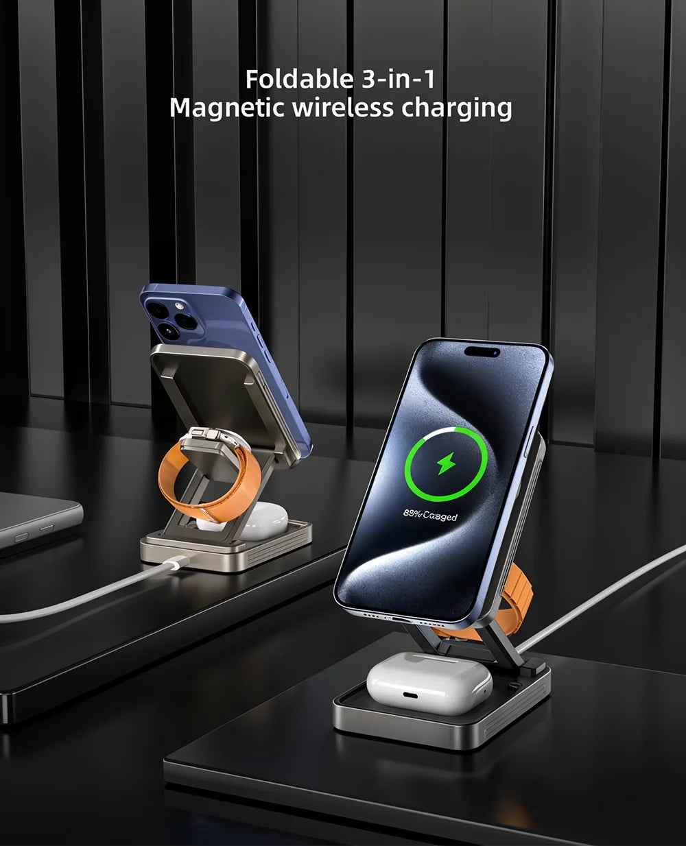 3-In-1Foldable Qi2-Certified Magsafe-Compatible Wireless Charger