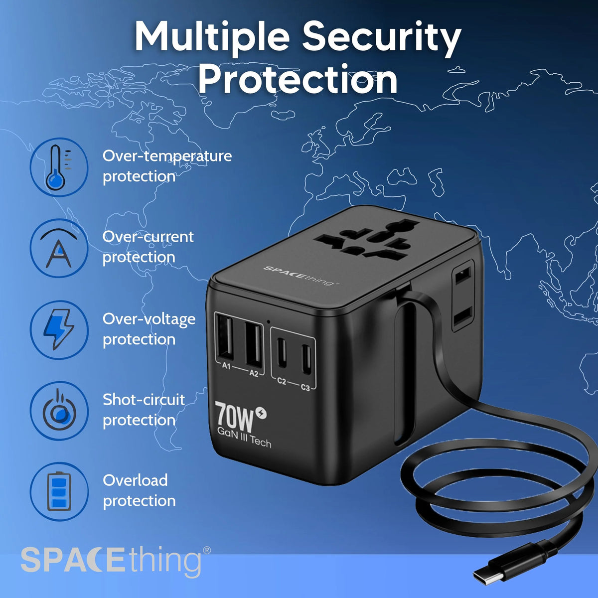 Spacething 70W GaN World Travel Adapter UK, EU, US, AUS