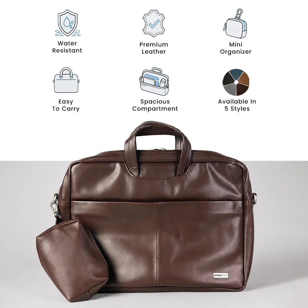 Spacething Helios Leather Laptop Bag With Free Tech Organiser Pouch | 13-14" Inches - Grey