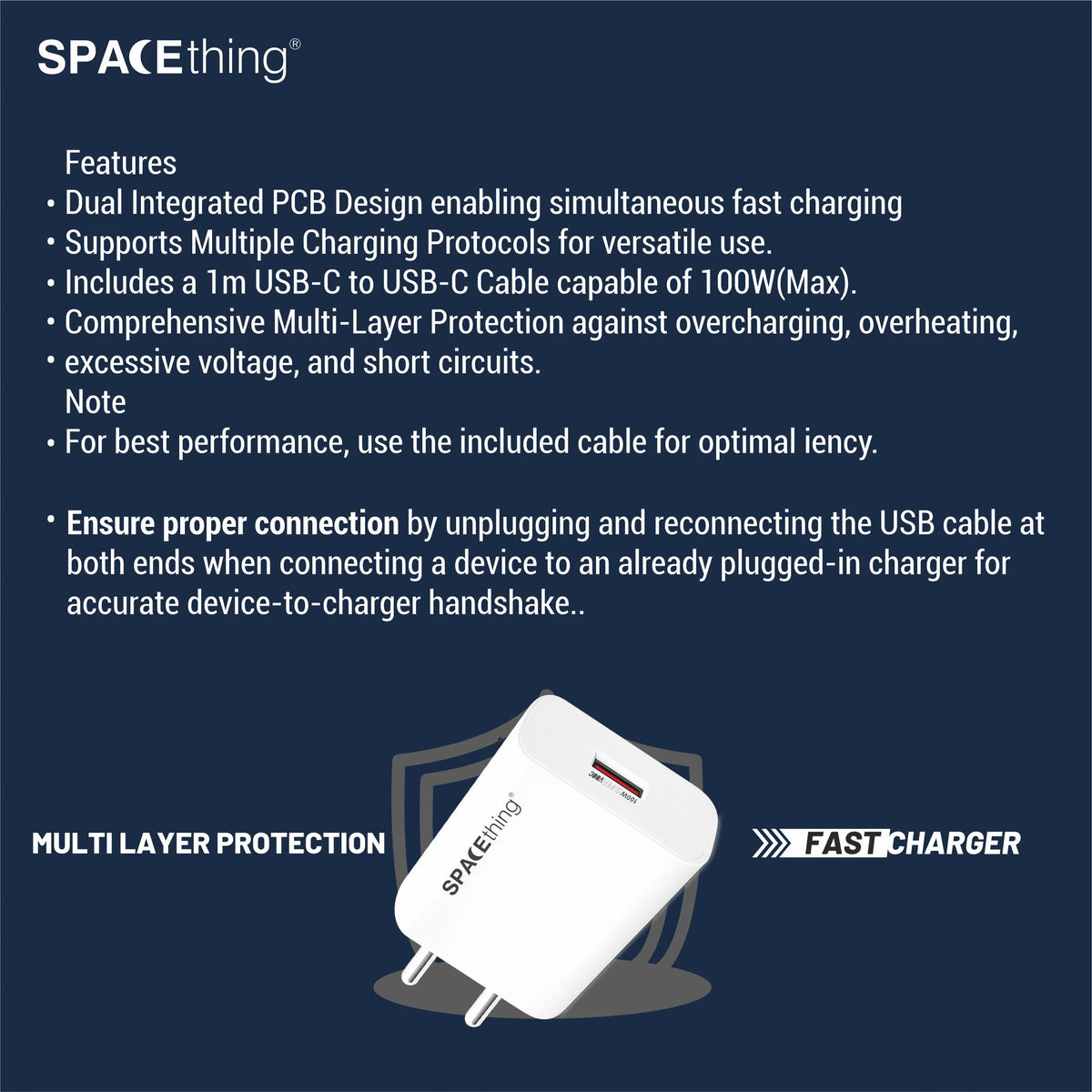 Spacething Rapid 100W SuperVOOC Fast Charger with USB to C Cable - White