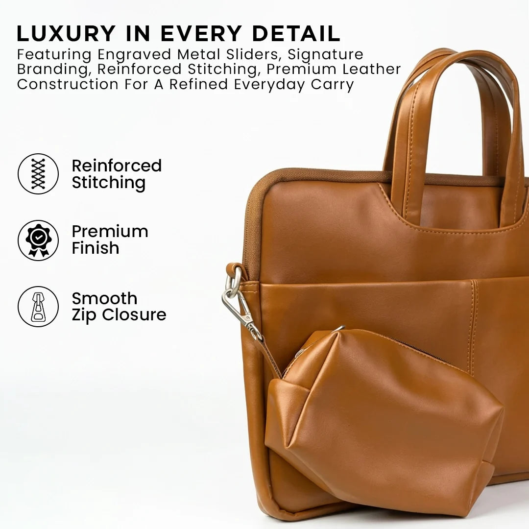 Spacething Helios Leather Laptop Bag With Free Tech Organiser Pouch | 15-16" Inches - Black