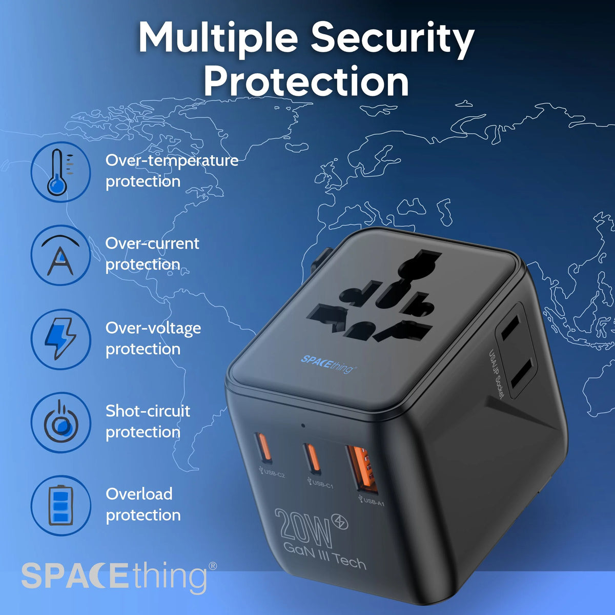 Spacething 20W GaN World Travel Adapter UK, EU, US, AUS