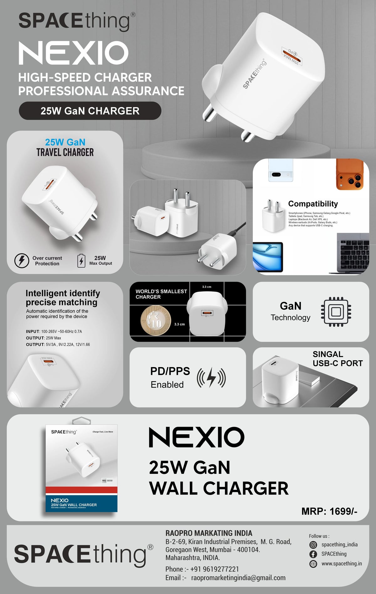 Spacething Nexio 25W GAN Type C Wall Charger - White