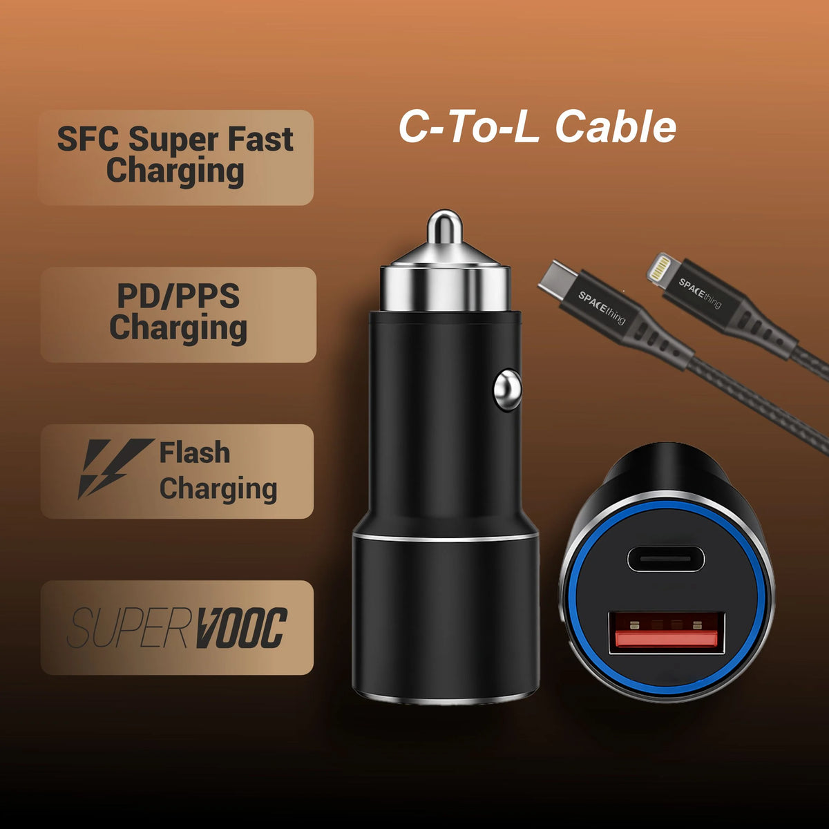 Spacething Speedo Car Charger 55W (with USB-C to Lightning Cable) Colour - Black