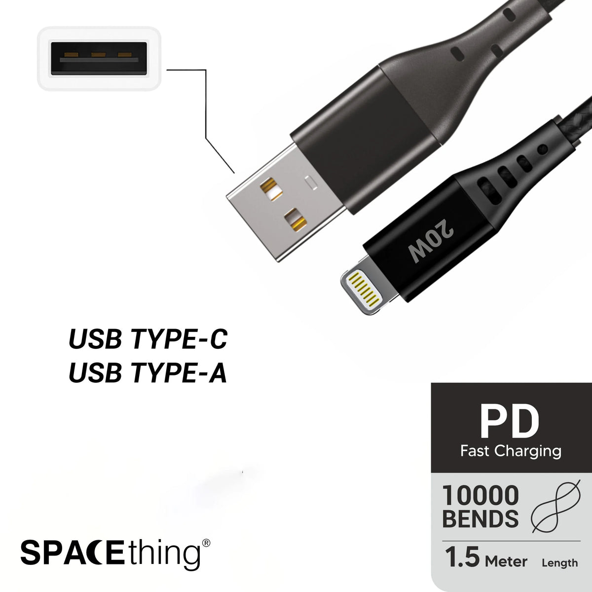 SPACEthing Swift USB-A to Lightning Cable – Black (1.2M)