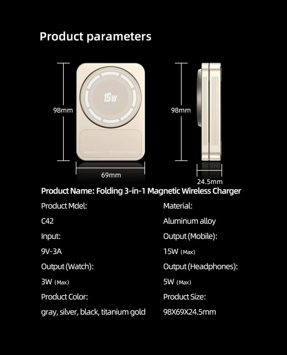 3-In-1Foldable Qi2-Certified Magsafe-Compatible Wireless Charger